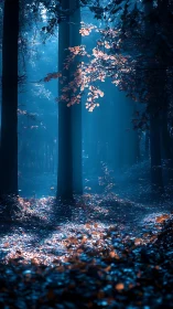 Blue forest interior with tall trees and orange falling leaves