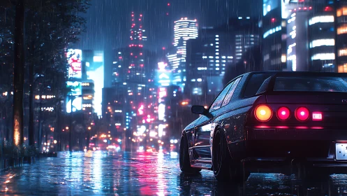 Parked sports car on wet city street under night rain.