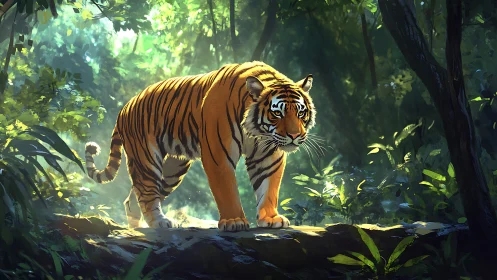 Radiant jungle tiger under volumetric foliage lighting field.