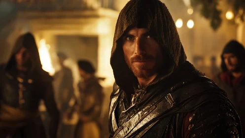Hooded warrior stands in lamplit street amid blurred figures