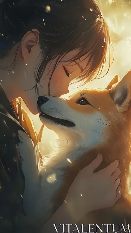 Tender close-up profile of girl embracing corgi in warm backlight