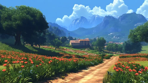 Sunlit country lane leads gently toward a peaceful village home