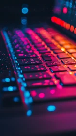 Neon-lit computer keyboard rendered in shallow depth of field