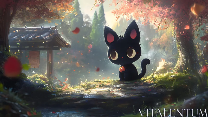 Tiny black cat in a glowing autumn forest sanctuary.