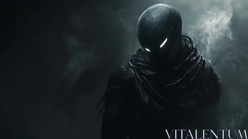 Shadowed alien figure emerges from dense monochrome fog