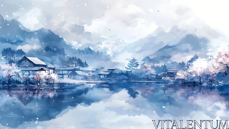 Serene lakeside village beneath misty blue mountain range.