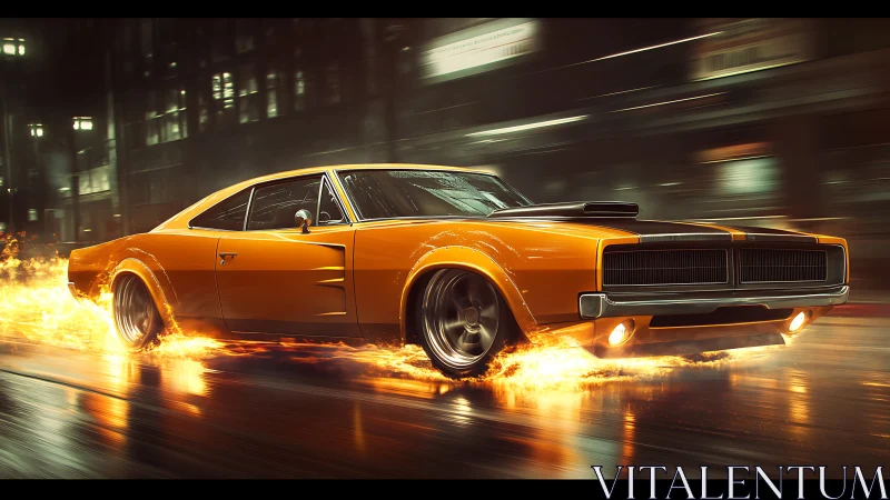 Retro muscle car on fire lit wet city street at night