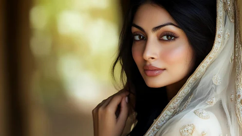 Close portrait shows woman in embroidered veil facing camera