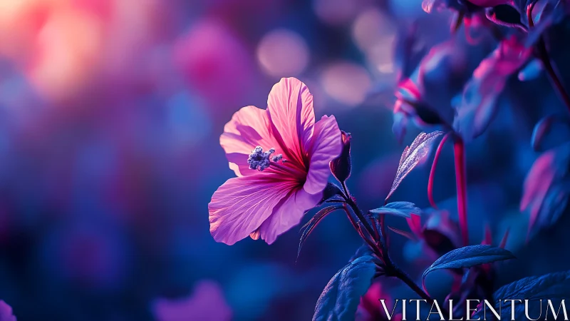Vibrant Pink Hibiscus Blooming in Neon-Lit Garden Haze