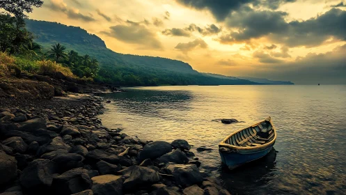 Quiet shoreline sunset cradling a weathered wooden boat.