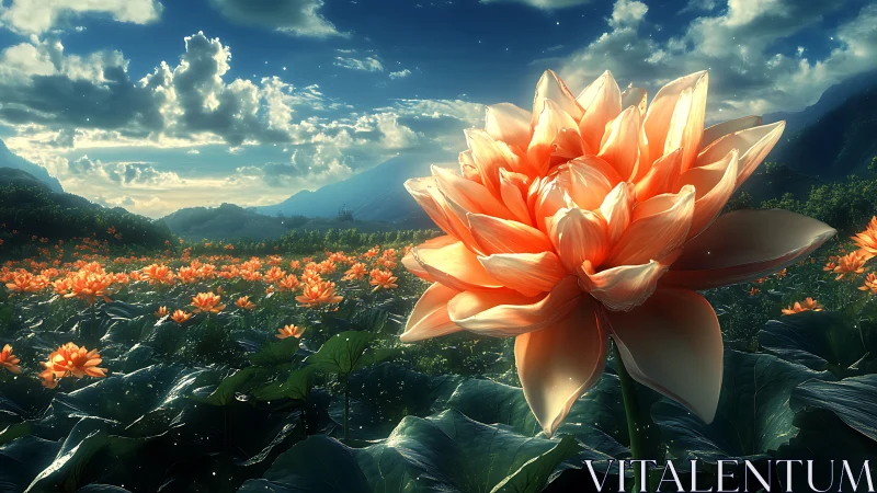 Sunlit coral lotus macro in expansive mountain valley field.