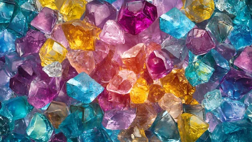 Multicolored translucent crystal chunks with complex refractive geometry