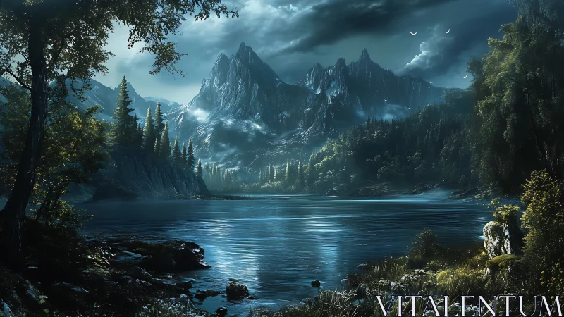 Digital painting of moonlit alpine lake with dramatic peaks.