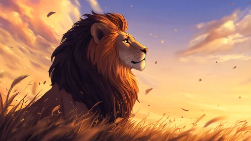 Lion in warm sunset field, calm and observant profile.