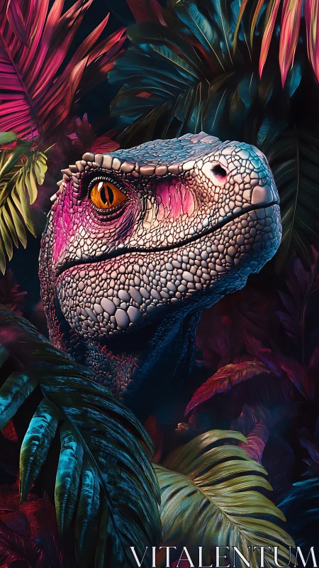 Bioluminescent raptor head emerges from neon jungle foliage