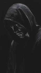 Shadowed hooded figure emerges from darkness in profile.