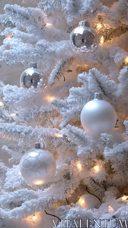 Snowy white Christmas tree glowing with soft silver baubles.