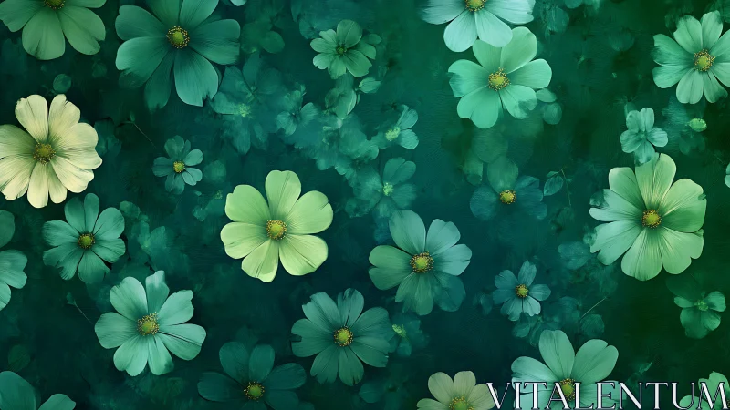 Ethereal Garden: Sage and Chartreuse Cosmos Against Deep Teal Ground