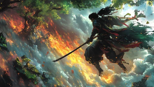 Sky-scorched ronin strides a burning horizon of clouds.