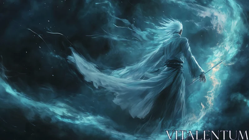 Stormlit spirit warrior drifting through swirling starlight.