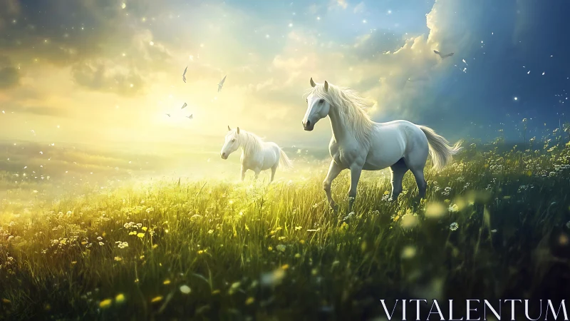 Digital painting of white horses in luminous meadowscape.