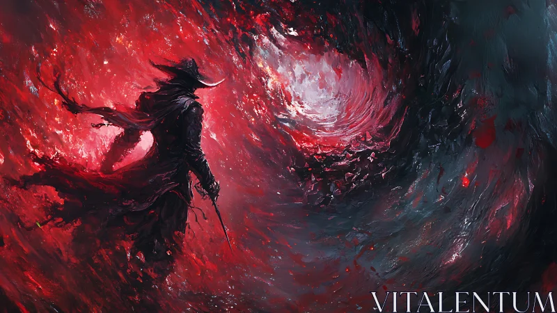Dark sorcerer confronts swirling crimson cosmic vortex