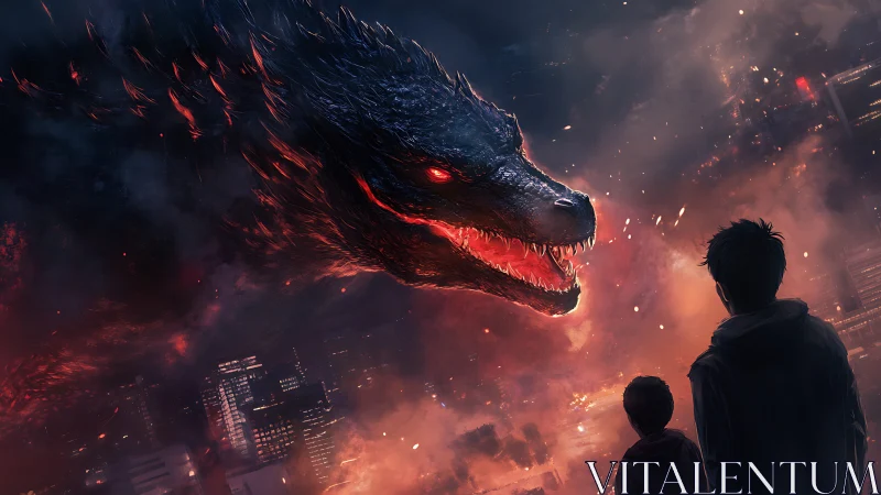 City embers crown a colossal dragon’s glare over dreamers.