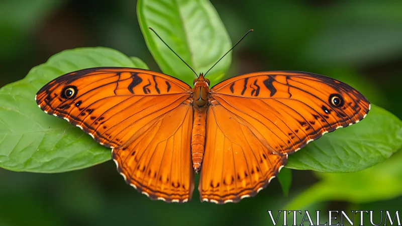Orange butterfly spreads patterned wings on green leaves.