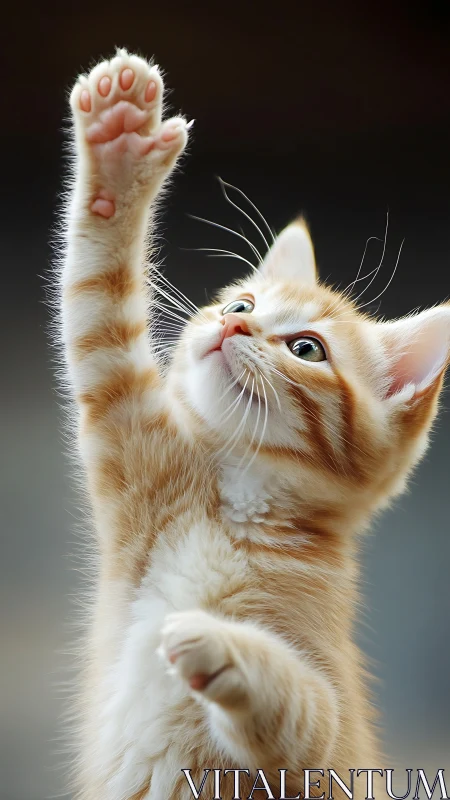 Orange and white cat reaching paw upward against dark background.