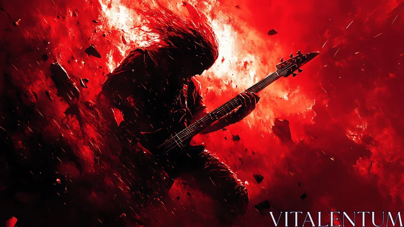 Guitarist shreds in a blazing red explosion of energy.