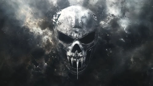 Metallic skull emblem is centered within dark atmospheric clouds