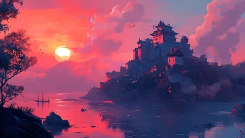 Coastal fortress complex stands against saturated sunset sky