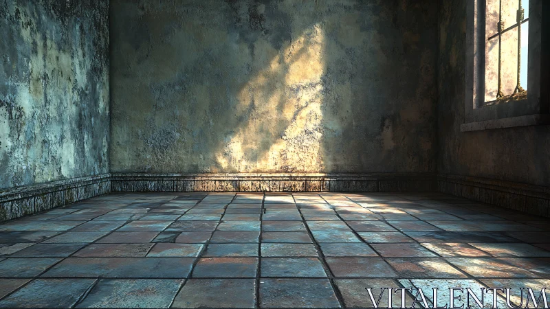 Sunlit empty room with worn walls and tiled floor interior.