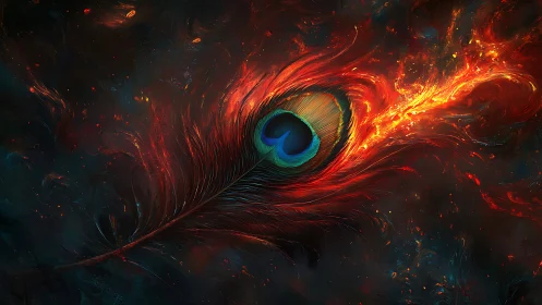 Peacock feather blazes like living fire in cosmic darkness