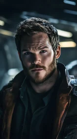 Bearded man in leather jacket in dim sci fi interior.