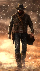 Lone gunslinger strides through sunlit desert storm.