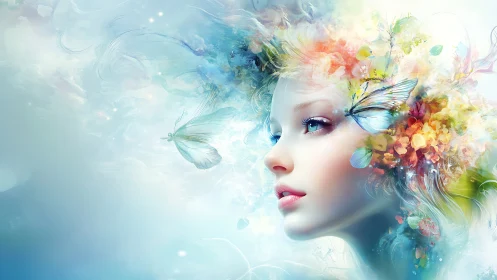 Ethereal portrait merges female face with blooming butterflies