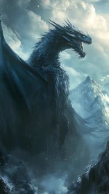 Glacial dragon towers over storm-lashed alpine ridge in mist