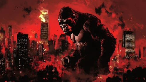 Towering gorilla strides through a blazing red city skyline