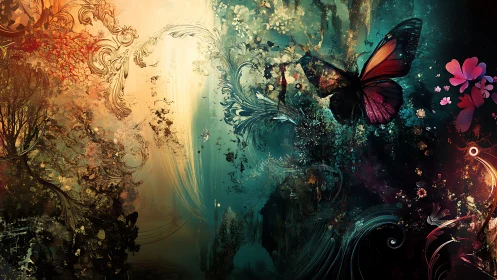 Butterfly crosses luminous abstract forest gradient. Period.