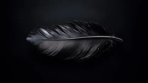 Single black feather on dark background in hard light.