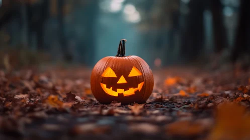 Carved jack-o-lantern rests on leaf-covered forest path