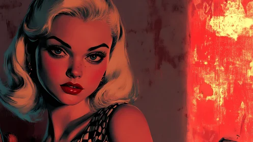Retro blonde portrait under neon red cinematic light.