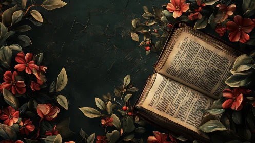 Antique open book framed by red florals on dark textured field