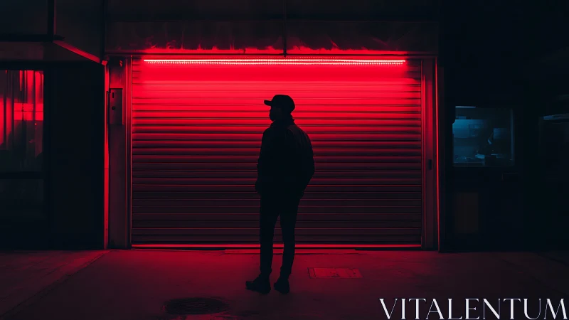 Silhouetted urban figure before neon-illuminated shutter facade.