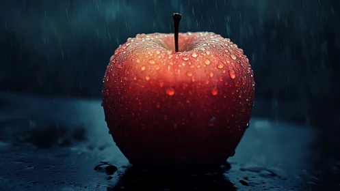 Rain-soaked red apple rendered in dramatic low-key lighting