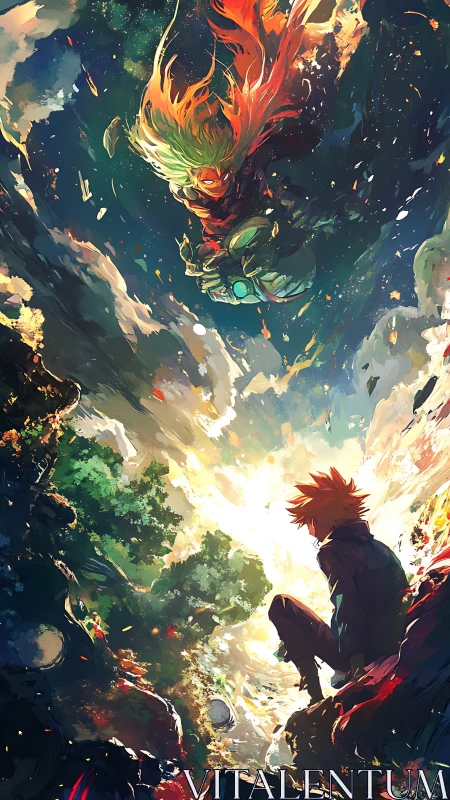 Vertical anime confrontation with explosive atmospheric lighting.