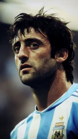 Intense Argentine footballer portrait under stadium lights.