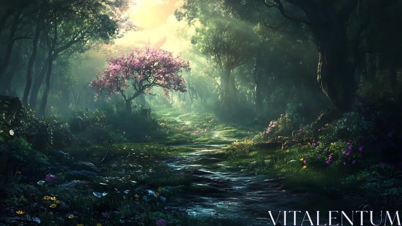 Forest Stream with Flowering Tree in Mist