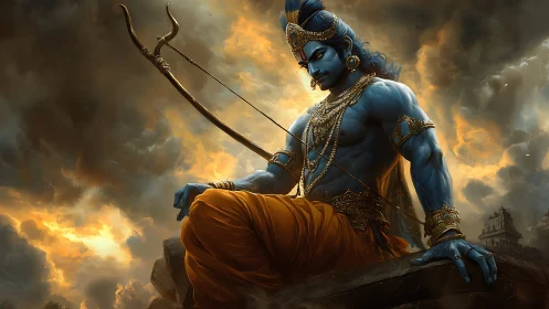 Dramatic deity archer rendered with volumetric clouds and rim light